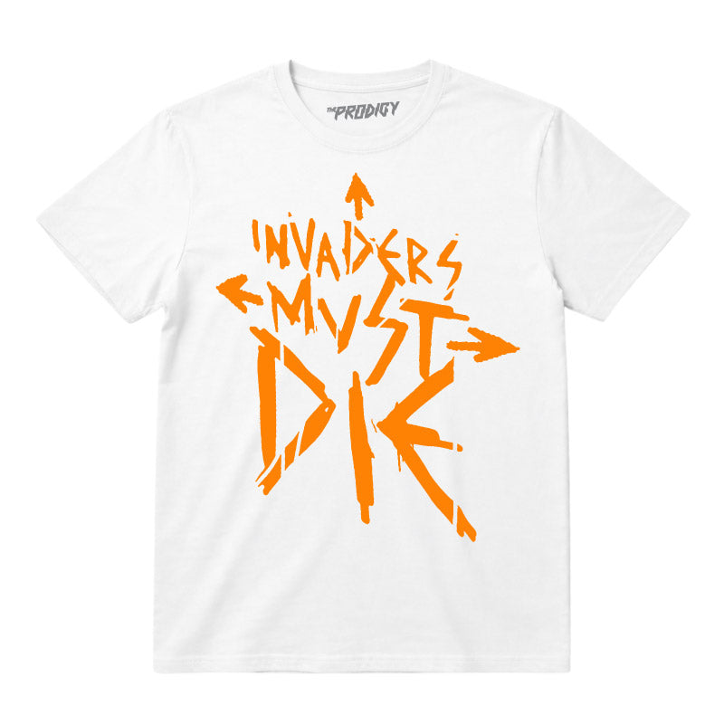 The Prodigy kids t-shirt with The Prodigy Invaders Must Die artwork printed in orange on a plain white t-shirt