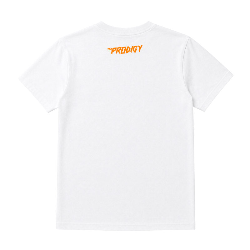 The Prodigy Kids T-shirt with The Prodigy Invaders Must Die text printed in orange on the back of a plain white t-shirt