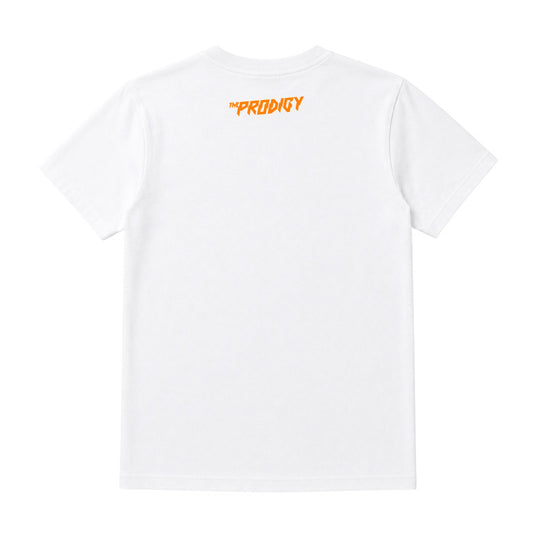 The Prodigy Kids T-shirt with The Prodigy Invaders Must Die text printed in orange on the back of a plain white t-shirt
