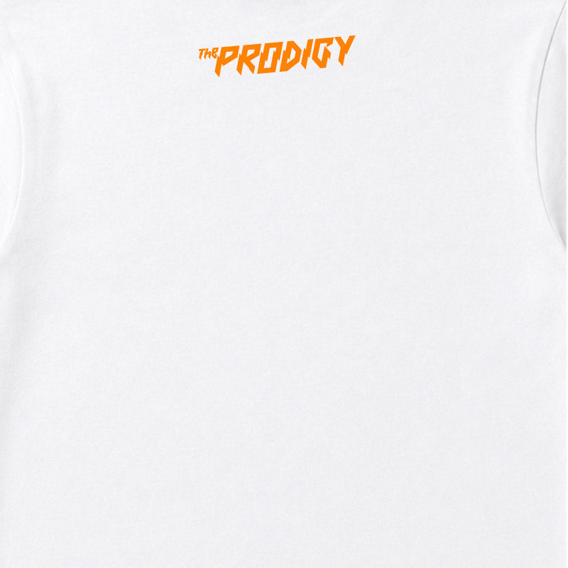 Cloe up of The Prodigy Kids T-shirt with The Prodigy Invaders Must Die text printed in orange on the back of a plain white t-shirt