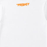 Cloe up of The Prodigy Kids T-shirt with The Prodigy Invaders Must Die text printed in orange on the back of a plain white t-shirt