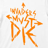 Close up of The Prodigy kids t-shirt with The Prodigy Invaders Must Die artwork printed in orange on a plain 