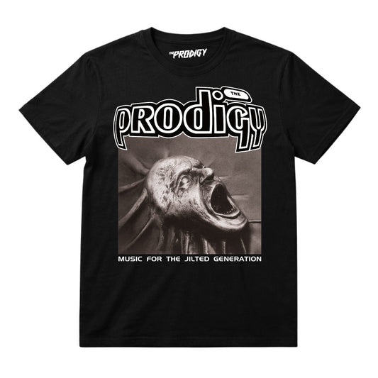 The Prodigy Kids t-shirt with Jilted Generation album artwork printed on a plain black t-shirt