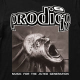 Close up of The Prodigy Kids t-shirt with Jilted Generation album artwork printed on a plain black t-shirt