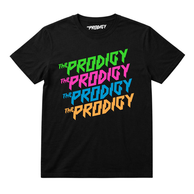 The Prodigy Kids T-shirt with The Prodigy Repeat Logo artwork printed in full colour on a plain black t-shirt
