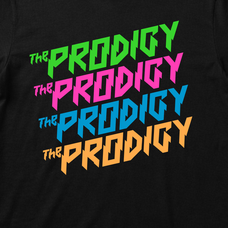 Close up of The Prodigy Kids T-shirt with The Prodigy Repeat Logo artwork printed in full colour on a plain black t-shirt