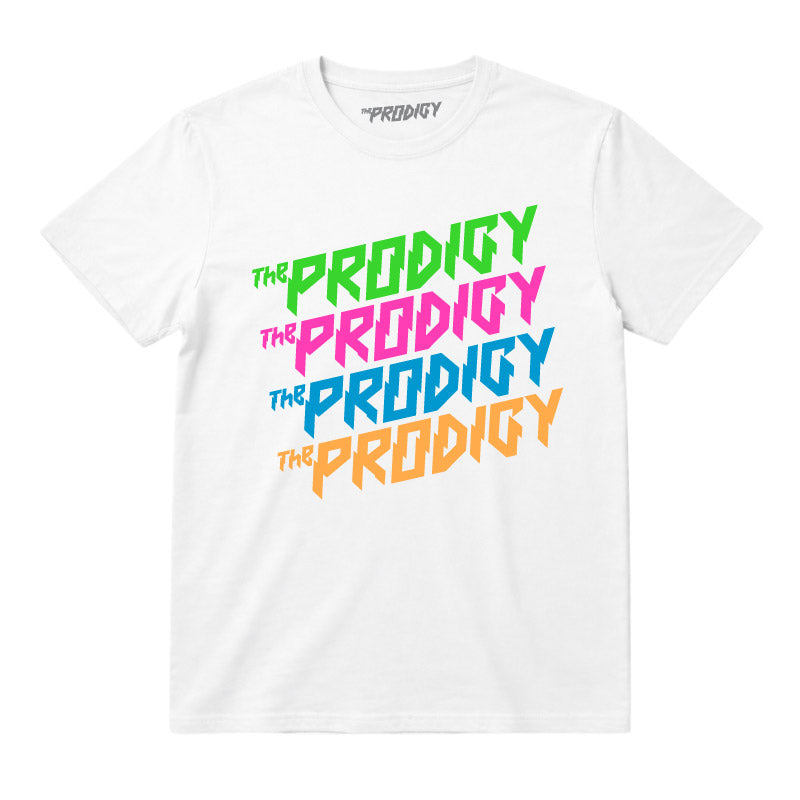 The Prodigy Kids T-shirt with The Prodigy Repeat Logo artwork printed in full colour on a plain white t-shirt