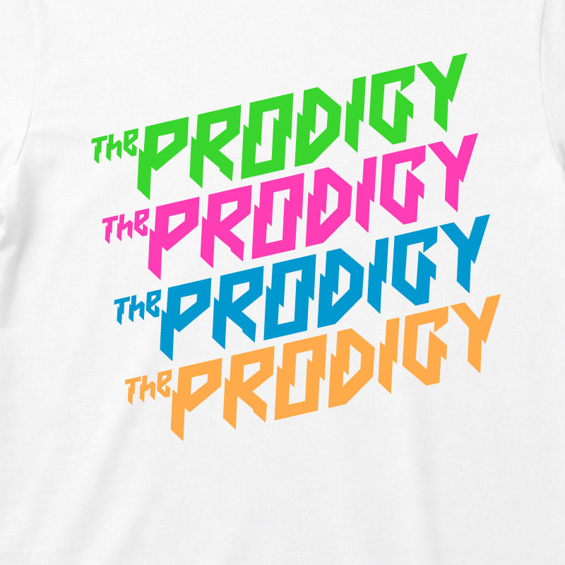 Close up of The Prodigy Kids T-shirt with The Prodigy Repeat Logo artwork printed in full colour on a plain white t-shirt