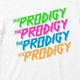 Close up of The Prodigy Kids T-shirt with The Prodigy Repeat Logo artwork printed in full colour on a plain white t-shirt
