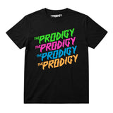 The Prodigy Kids T-shirt with The Prodigy Repeat Logo artwork printed in full colour on a plain black t-shirt