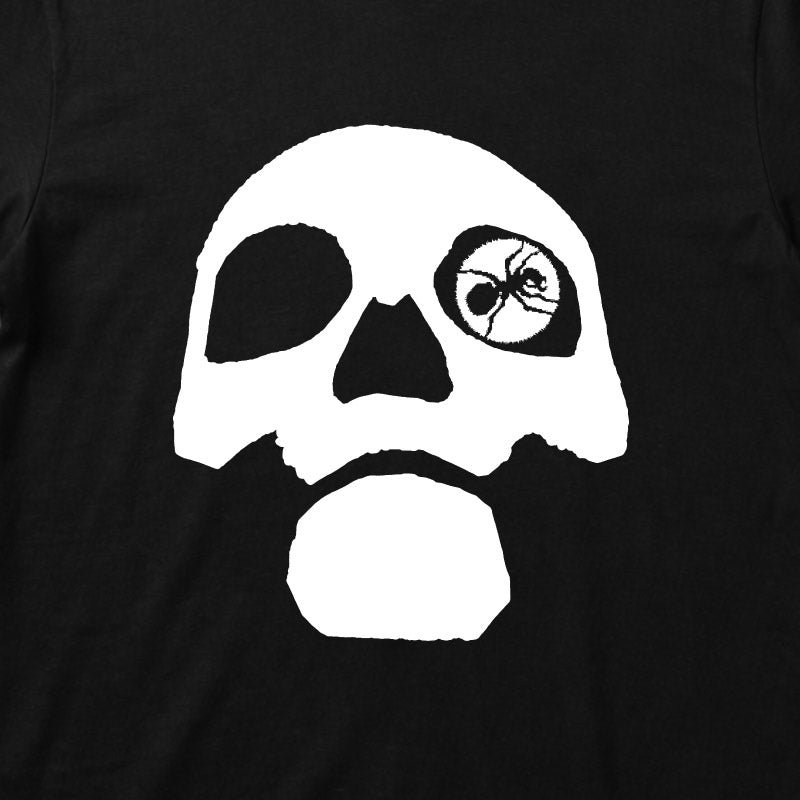Close up of The Prodigy Kids T-shirt with The Prodigy Voodou People artwork printed in white on a plain black tshirt 